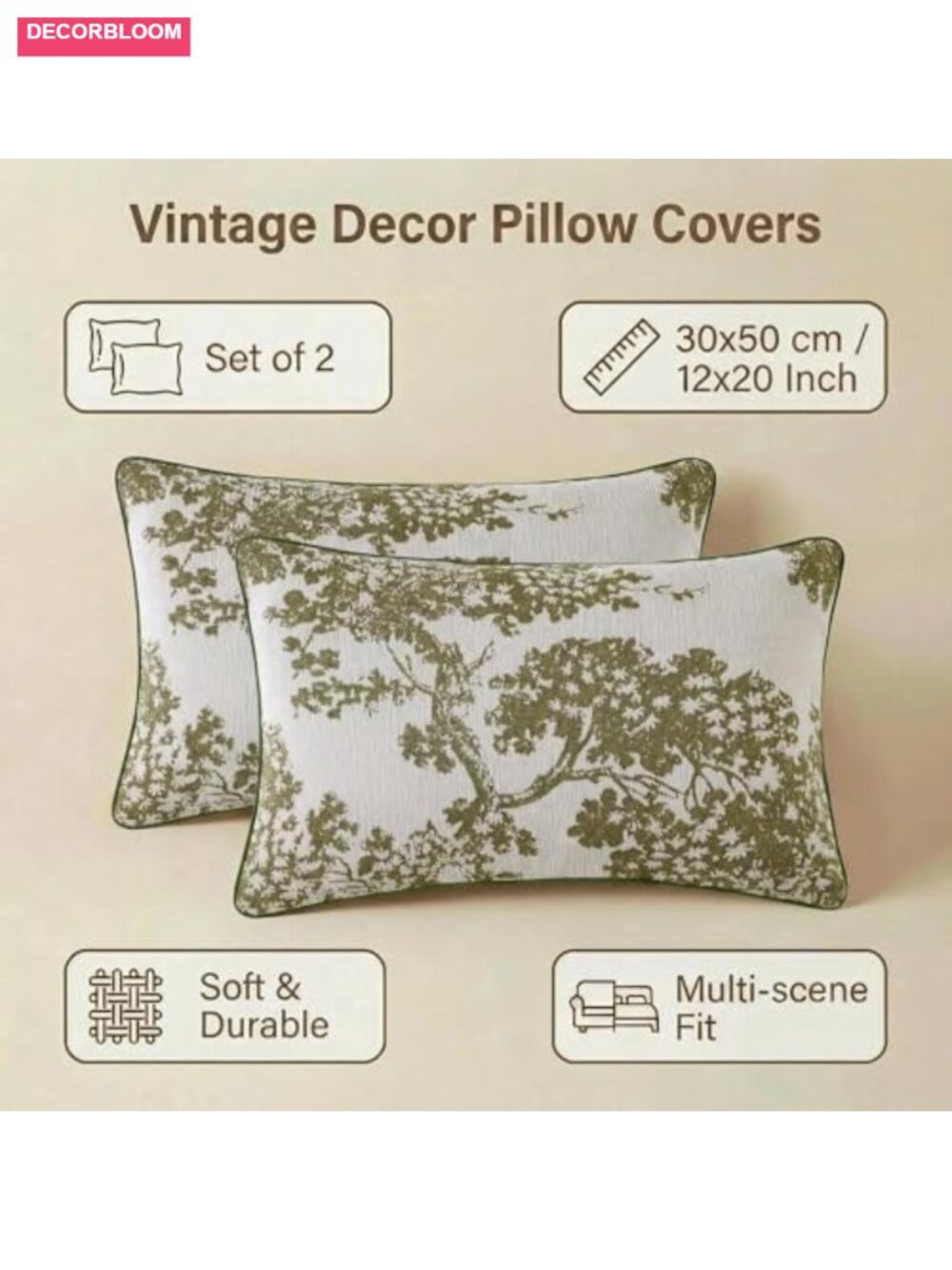 Chenille Jacquard Lumbar Throw Pillow Covers Set of 2, 12x20, Hidden Zipper, - Picture 3 of 6